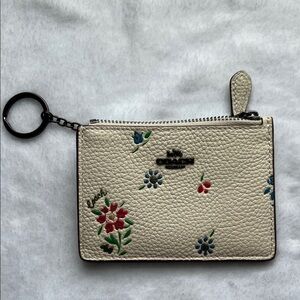 Coach Cream Floral Pebble Leather Card Case Key Ring